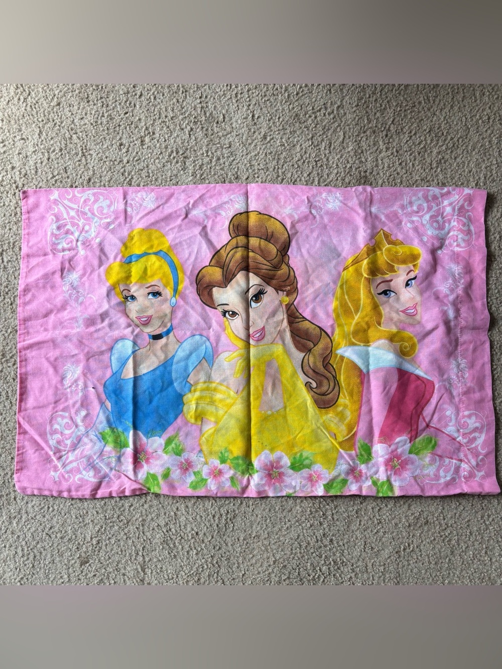 VTG Y2K Disney Princess Reversible Pink Pillowcase Cinderella Aurora Belle